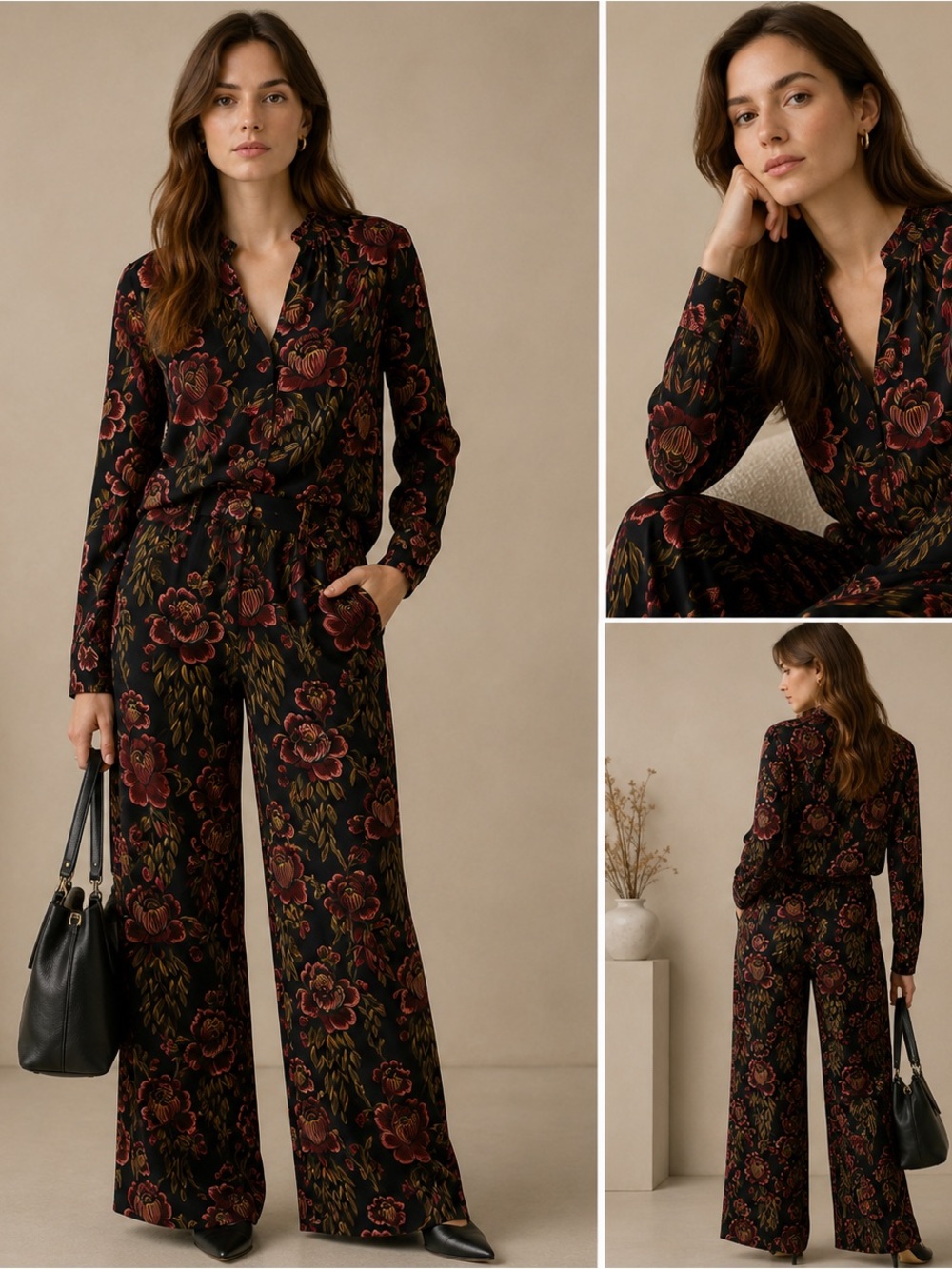 Coordinating Wide-Leg Trousers Set, V-Neck  Burgundy Oversized Floral Print